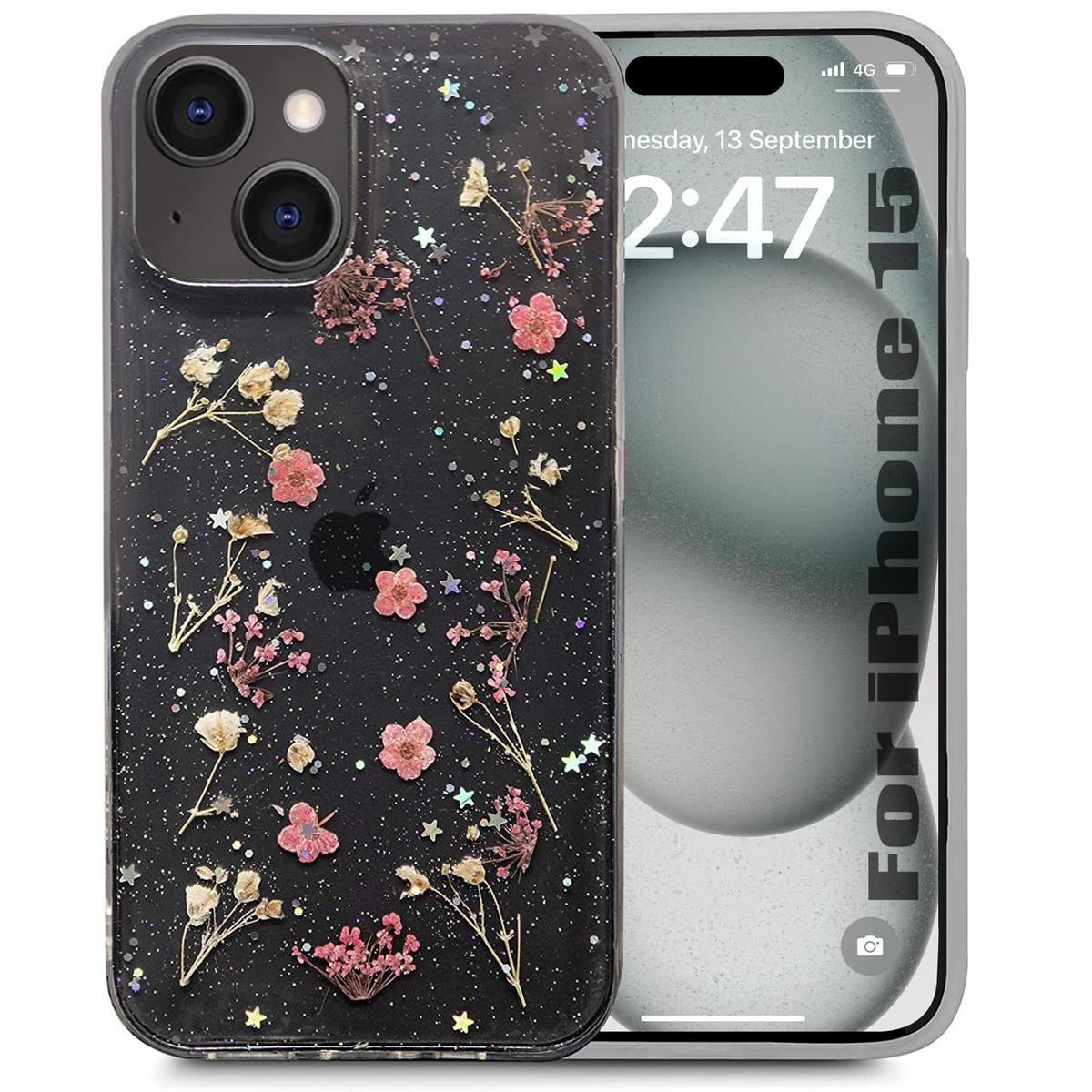 Enflamo Soft Clear Silicone Case Glitter Floral Back Cover for iPhone 15 | with Pressed Dry Real Flowers (Multicolor) - Enflamo