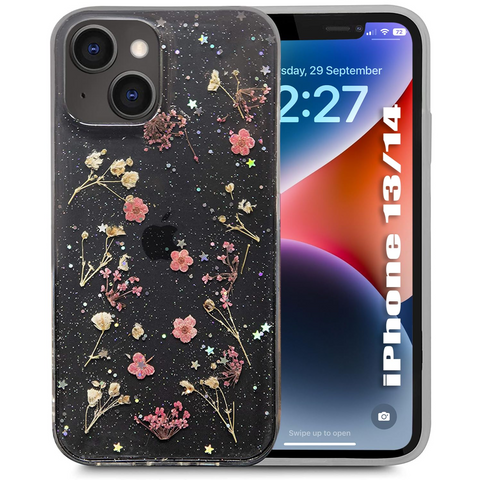 Enflamo Soft Clear Silicone Case Glitter Floral Back Cover for iPhone 14 / iPhone 13 | with Pressed Dry Real Flowers (Multicolor) - Enflamo Enflamo Soft Clear Silicone Case Glitter Floral Back Cover for iPhone 14 / iPhone 13 | with Pressed Dry Real Flowers (Multicolor) - Enflamo