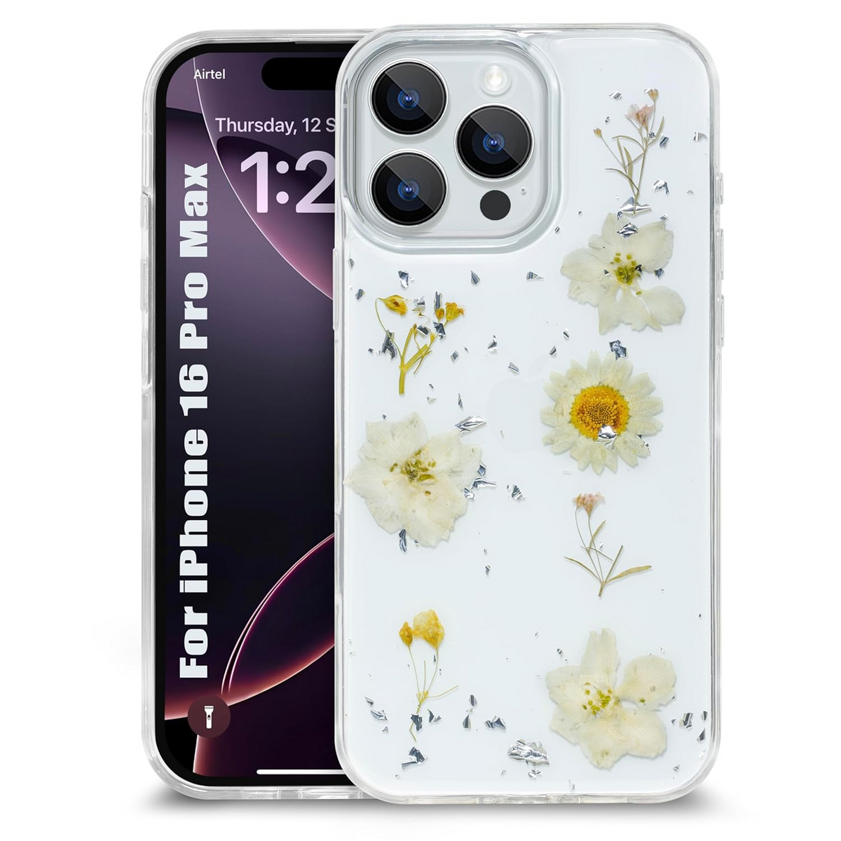 Enflamo Clear Silicone Case Glitter Floral Back Cover for iPhone 16 Pro MAX | with Pressed Dry Real Flowers (White) - Enflamo