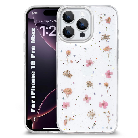 Enflamo Clear Silicone Case Glitter Small Floral Back Cover for iPhone 16 Pro MAX | with Pressed Dry Real Flowers (Pink) - Enflamo Enflamo Clear Silicone Case Glitter Small Floral Back Cover for iPhone 16 Pro MAX | with Pressed Dry Real Flowers (Pink) - Enflamo