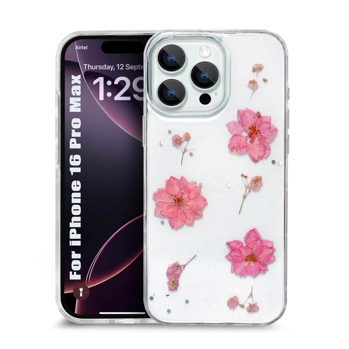 Enflamo Clear Silicone Case Glitter Floral Back Cover for iPhone 16 Pro MAX | with Pressed Dry Real Flowers (Pink) - Enflamo