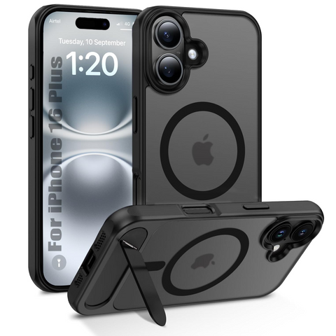 Enflamo Matte Back Cover Case Compatible with Stand Magnatic for iPhone 16 Plus | Ultra Hybrid Camera Bump Protection (Black)