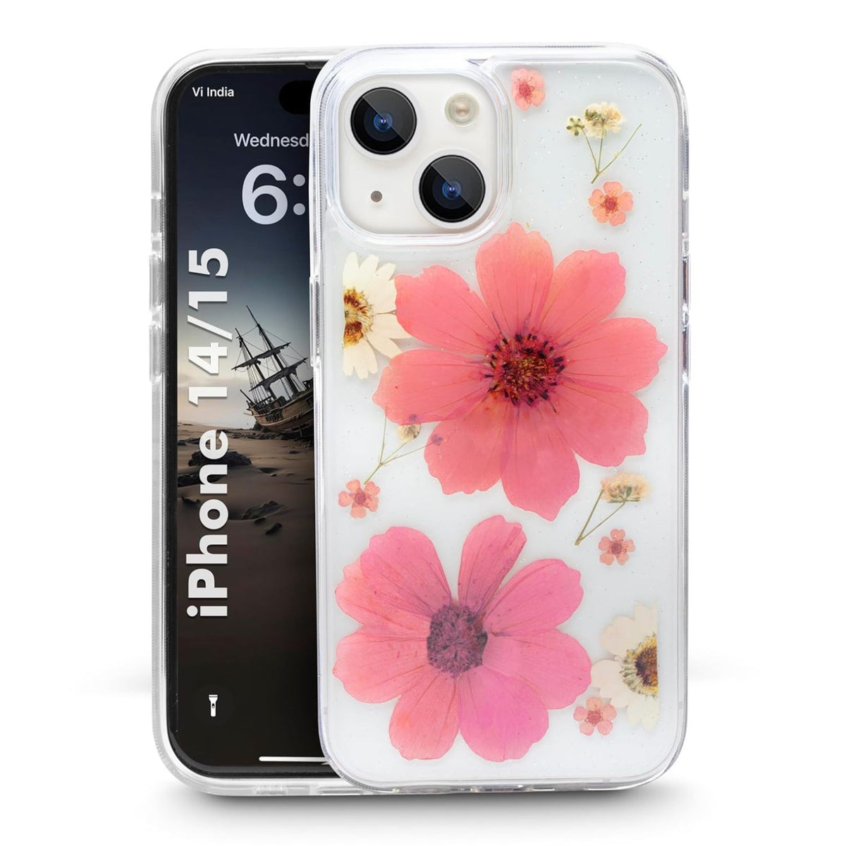 Enflamo Clear Silicone Case Glitter Floral Back Cover for iPhone 15 | with Pressed Dry Real Flowers (Pink)