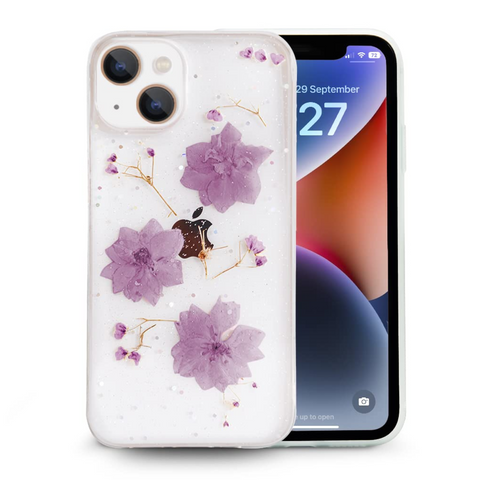 Enflamo Soft Clear Flexible Silicone Pressed Dry Real Flowers Case Glitter Floral Back Cover for iPhone 13 (Purple, Thermoplastic Polyurethane)