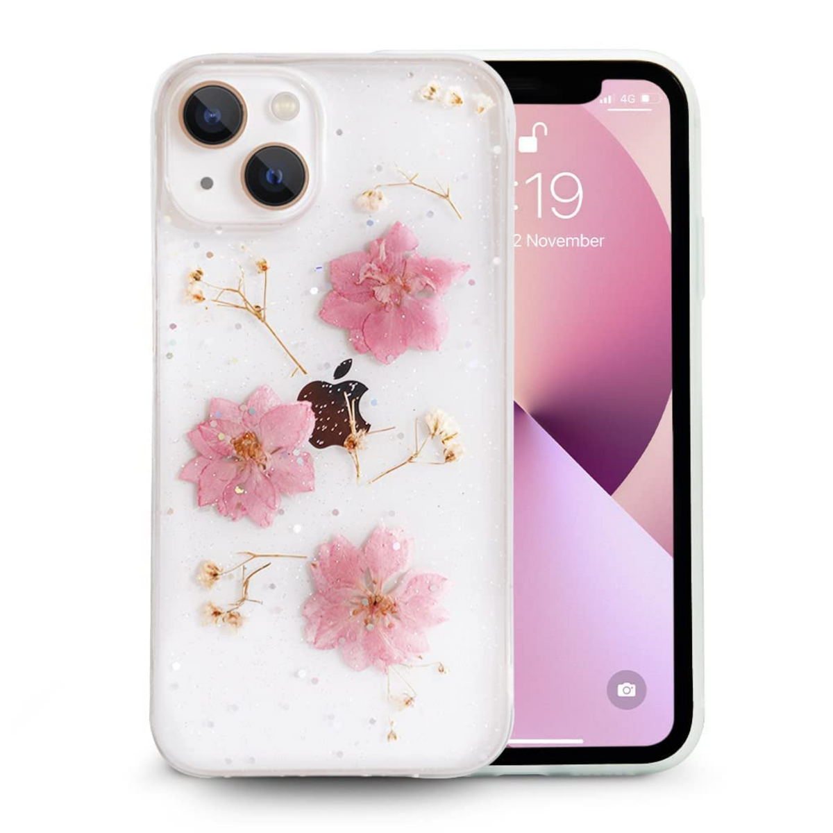 Enflamo Soft Clear Silicone Case Glitter Floral Back Cover for iPhone 14 / iPhone 13 | with Pressed Dry Real Flowers (Pink)