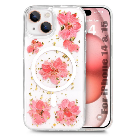 Enflamo Clear Silicone Compatible with Magsafe Case Glitter Floral Back Cover for iPhone 15 / iPhone 14 | with Pressed Dry Real Flowers (Pink)