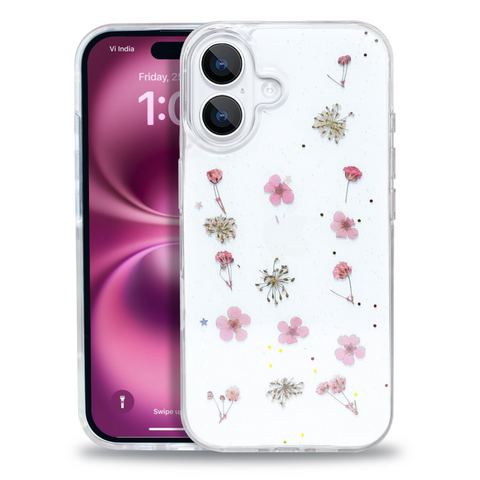 Enflamo Clear Silicone Magnatic Case Glitter Floral Back Cover for iPhone 16 Plus | with Pressed Dry Real Flowers (Pink)