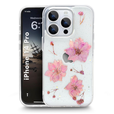 Enflamo Clear Silicone Case Back Cover for iPhone 14 Pro | Floral with Pressed Dry Real Flowers (Purple)