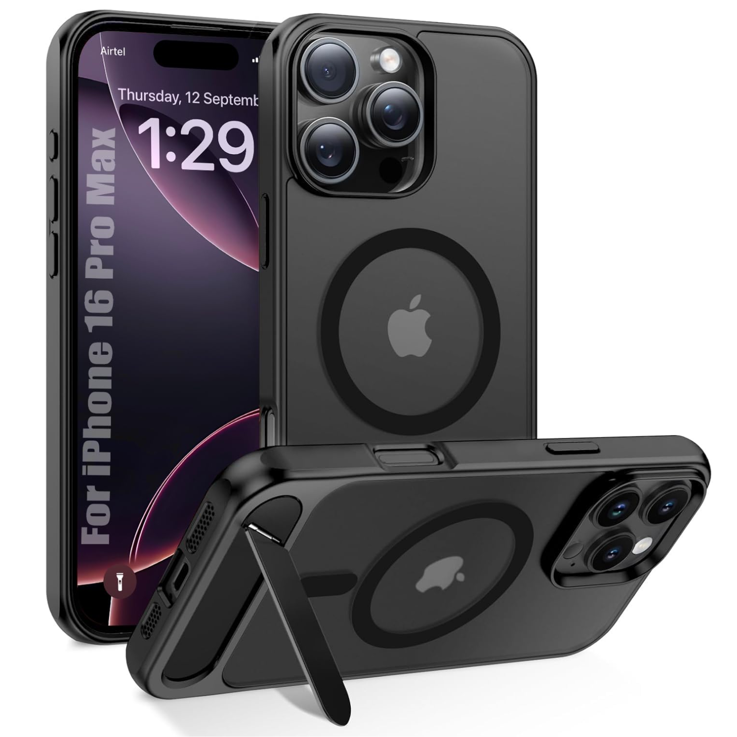 Enflamo Matte Back Cover Case Compatible with Stand Magnatic for iPhone 16 Pro MAX | Ultra Hybrid Camera Bump Protection (Black)