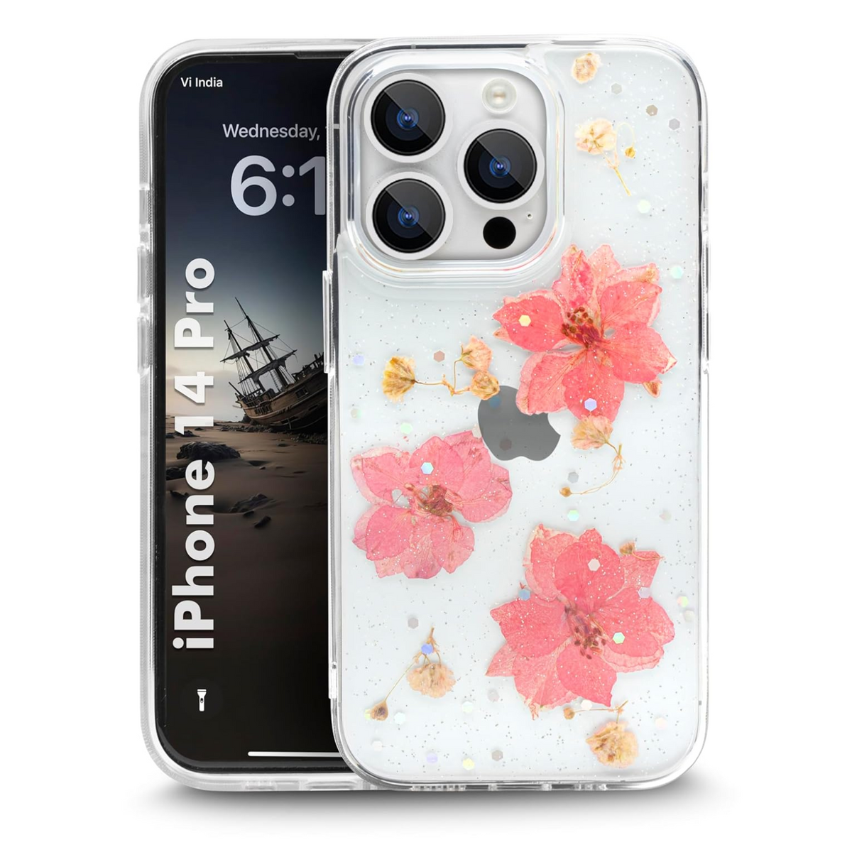 Enflamo Clear Silicone Case Back Cover for iPhone 14 Pro | Floral with Pressed Dry Real Flowers (Pink)