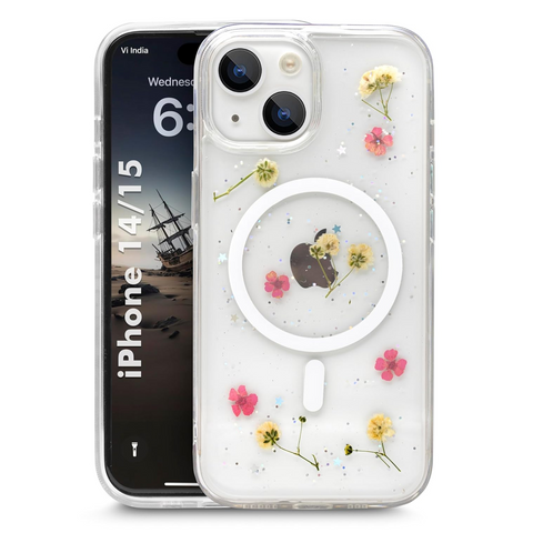 Enflamo Clear Silicone Compatible with Magsafe Case Glitter Floral Back Cover for iPhone 15 / iPhone 14 | with Pressed Dry Real Flowers (MultiColor)