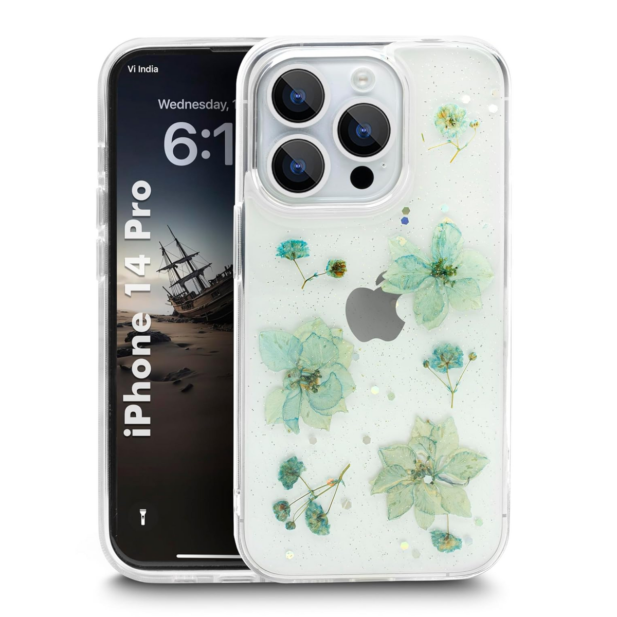 Enflamo Clear Silicone Case Back Cover for iPhone 14 Pro | Floral with Pressed Dry Real Flowers (Blue)