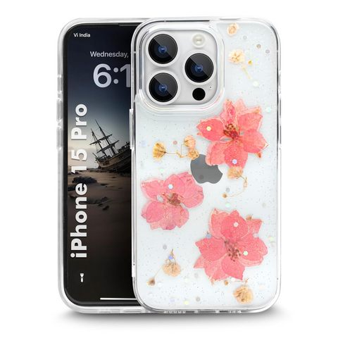 Enflamo Clear Silicone Case Back Cover for iPhone 15 Pro | Floral with Pressed Dry Real Flowers (Pink)