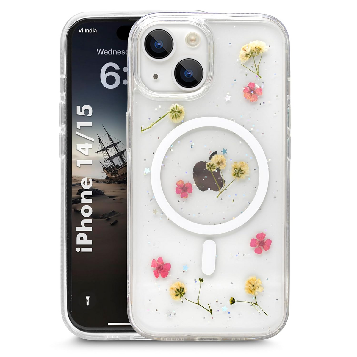 Enflamo Clear Silicone Compatible with Magsafe Case Glitter Floral Back Cover for iPhone 15 / iPhone 14 | with Pressed Dry Real Flowers (MultiColor)