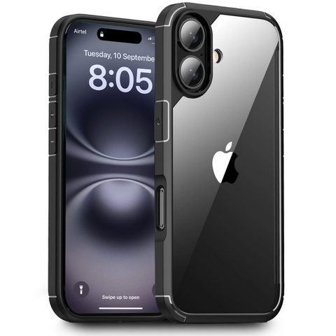 Enflamo Transparent Back Cover Shockproof Case Compatible for iPhone 16 | Ultra Hybrid Camera Bump Safe Protection (Black)