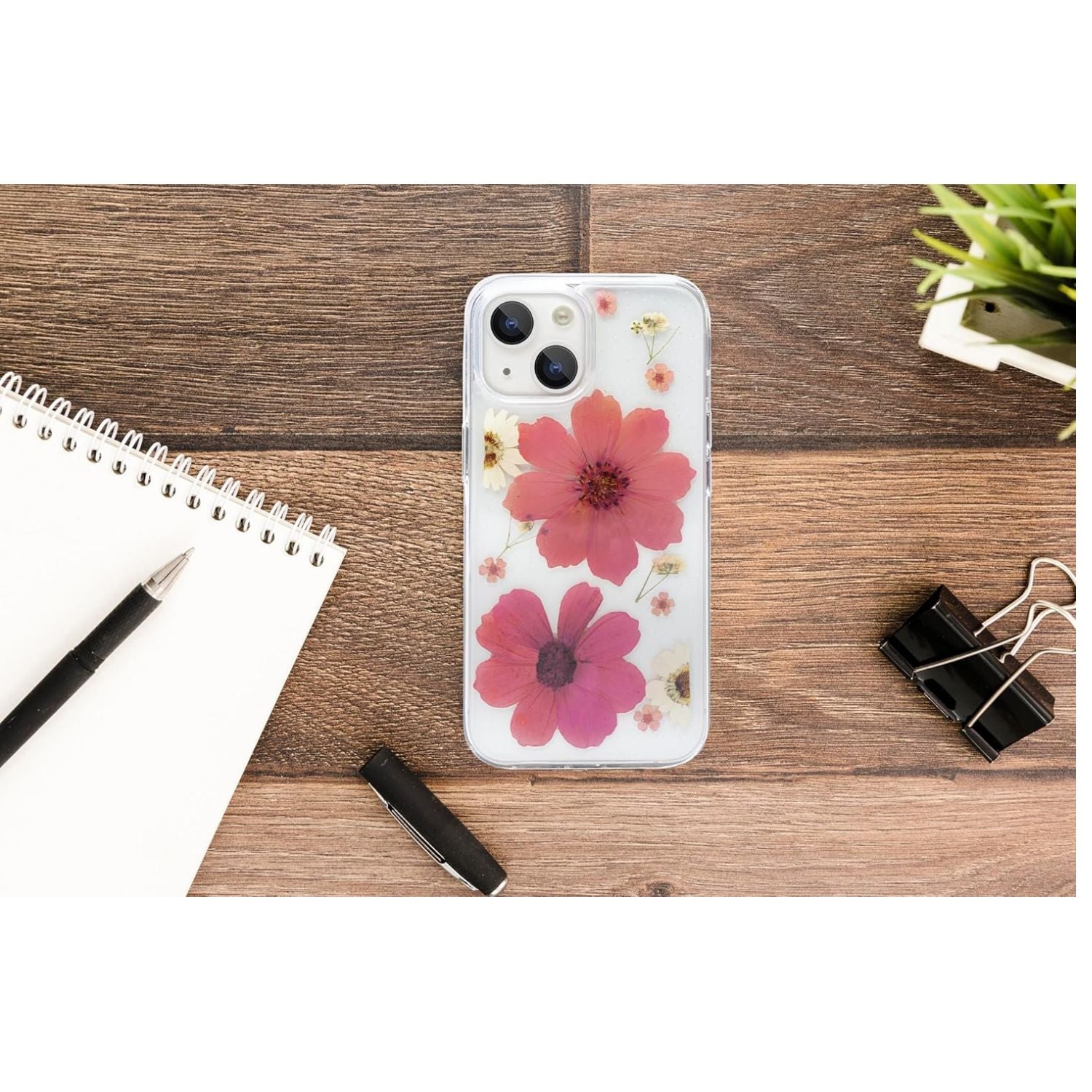 Enflamo Clear Silicone Case Glitter Floral Back Cover for iPhone 15 | with Pressed Dry Real Flowers (Pink)