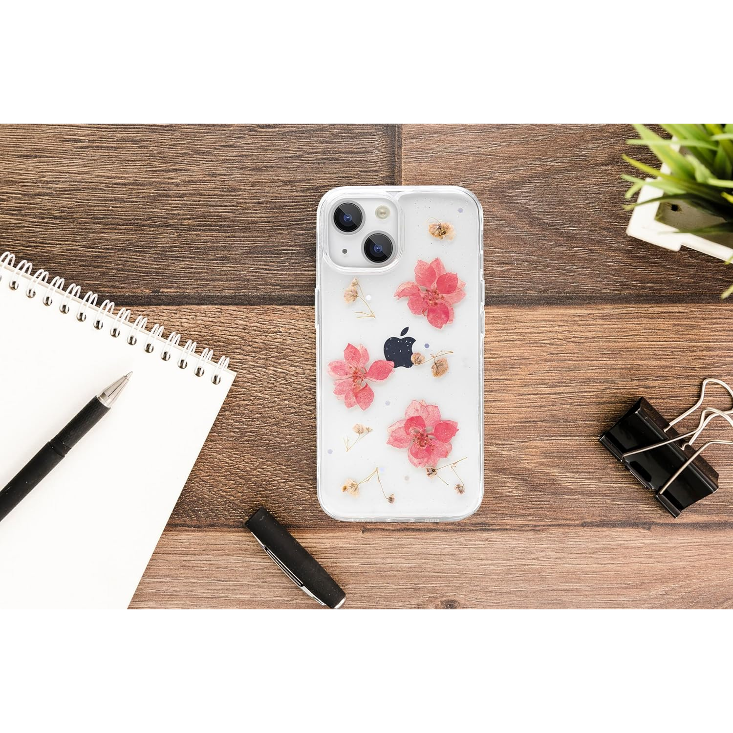 Enflamo Soft Clear Silicone Case Glitter Floral Back Cover for iPhone 14 / iPhone 13 | with Pressed Dry Real Flowers (Pink)