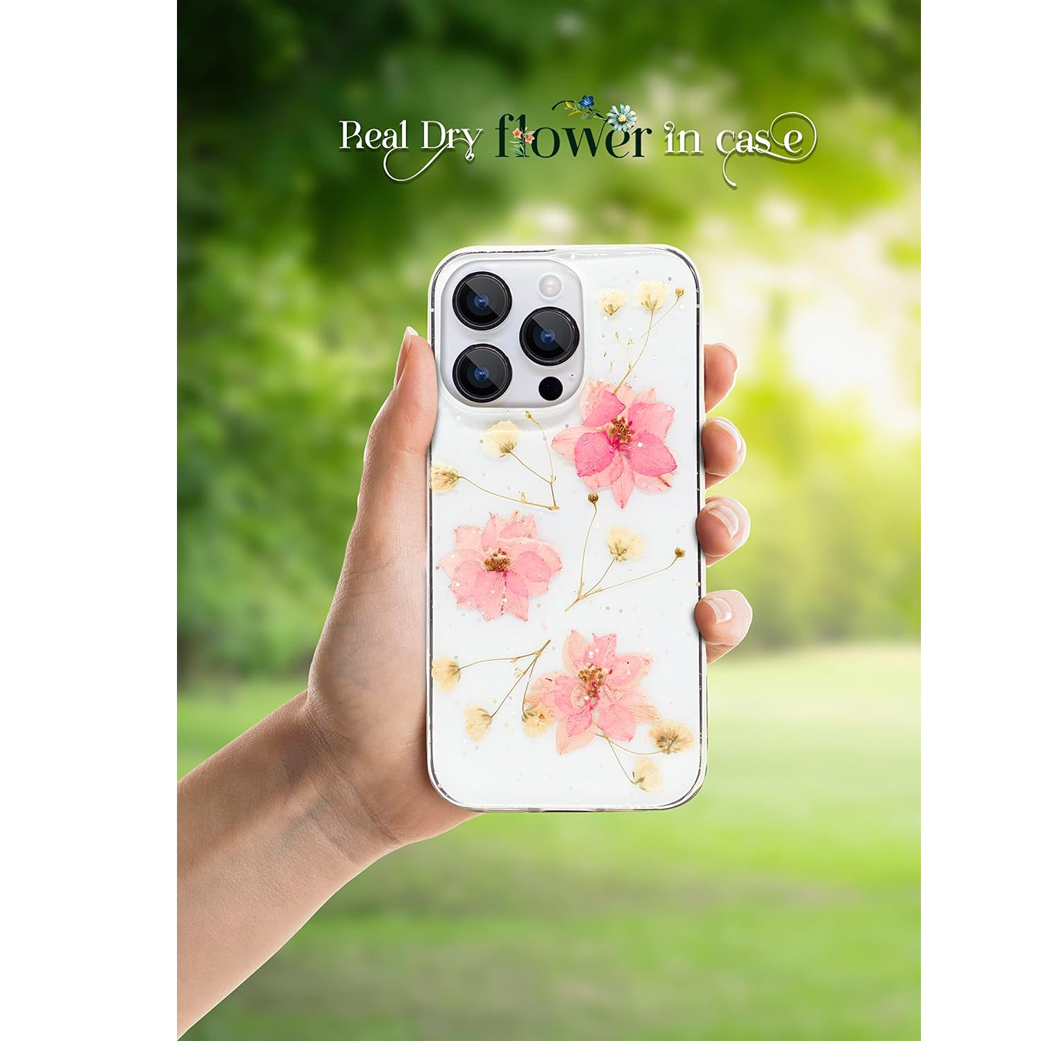 Enflamo Clear Silicone Case Back Cover for iPhone 14 Pro | Floral with Pressed Dry Real Flowers (Pink)