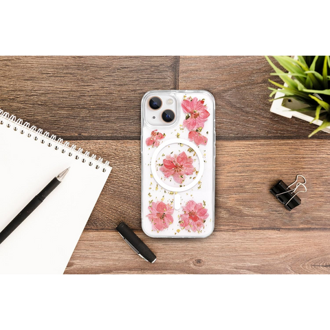 Enflamo Clear Silicone Compatible with Magsafe Case Glitter Floral Back Cover for iPhone 15 / iPhone 14 | with Pressed Dry Real Flowers (Pink)