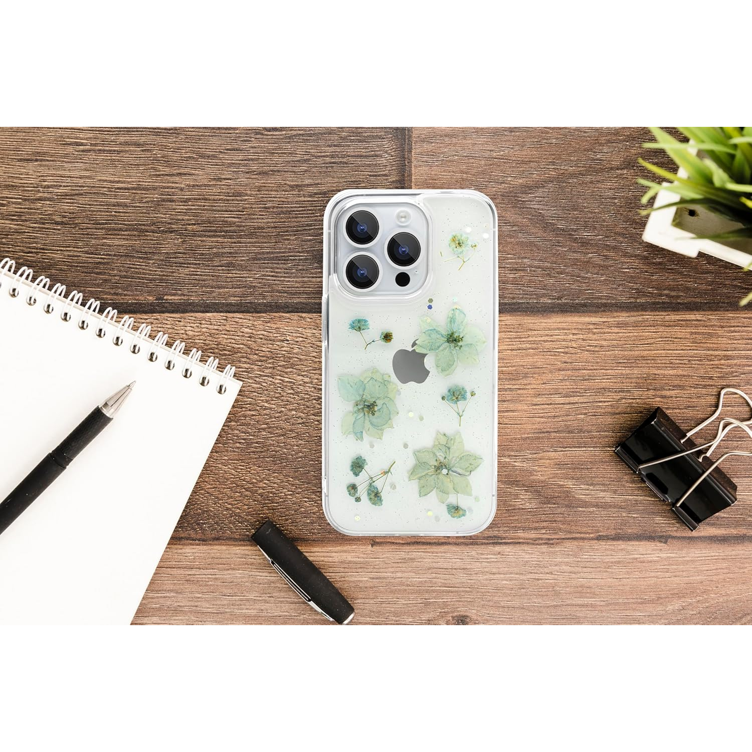 Enflamo Clear Silicone Case Back Cover for iPhone 14 Pro | Floral with Pressed Dry Real Flowers (Blue)