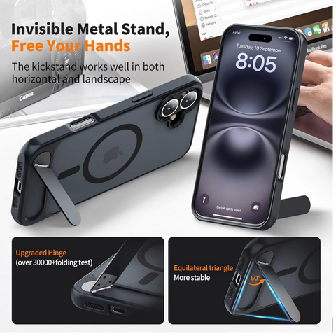 Enflamo Matte Back Cover Case Compatible with Stand Magnatic for iPhone 16 | Ultra Hybrid Camera Bump Protection (Black)