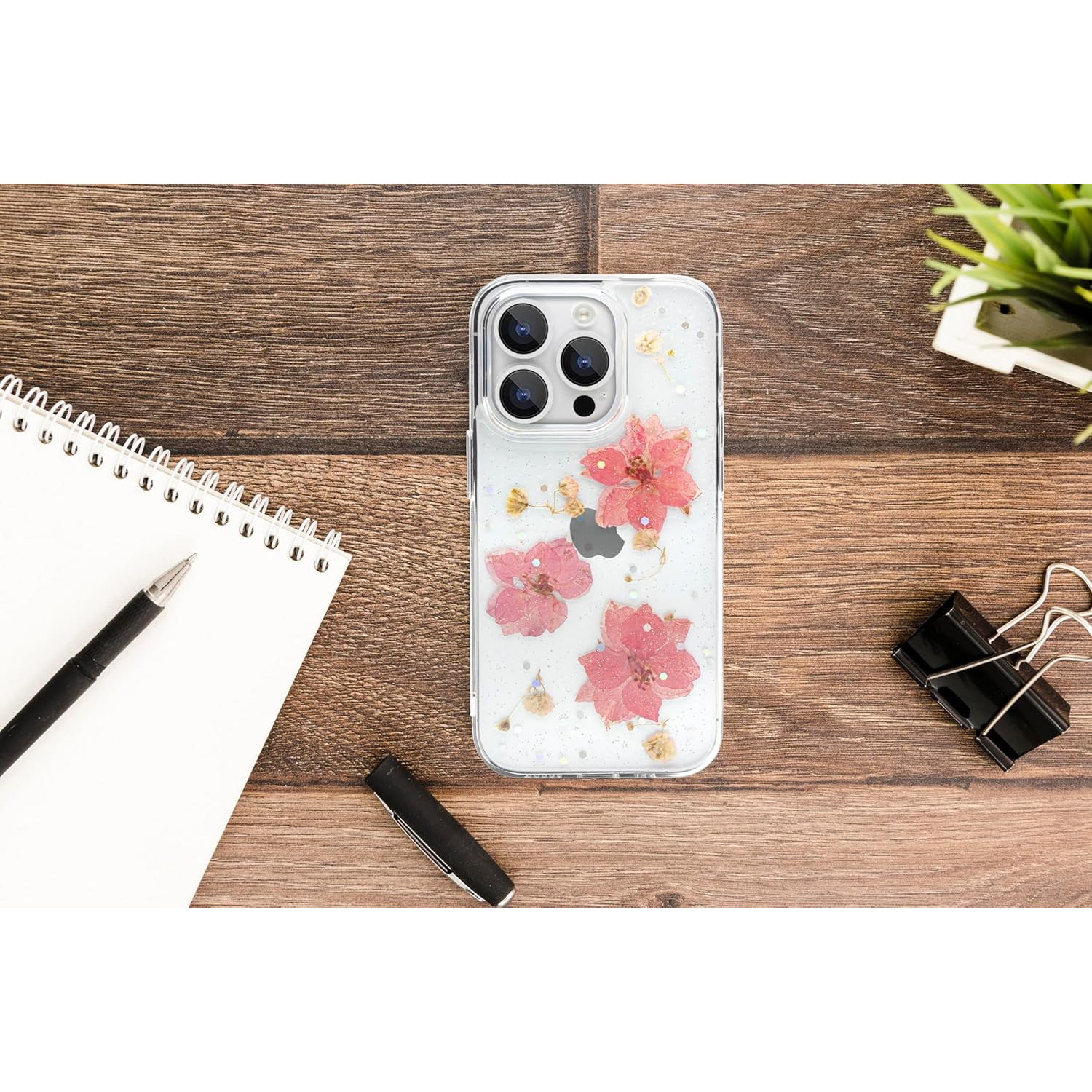 Enflamo Clear Silicone Case Back Cover for iPhone 15 Pro | Floral with Pressed Dry Real Flowers (Pink)