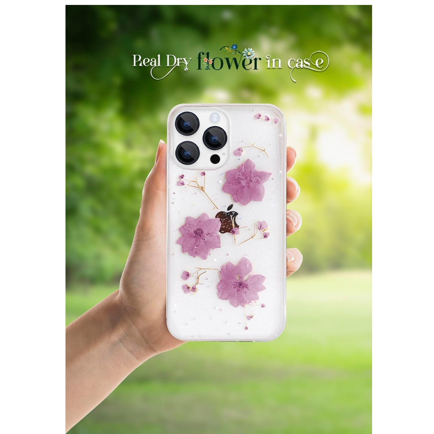 Enflamo Clear Silicone Case Back Cover for iPhone 14 Pro | Floral with Pressed Dry Real Flowers (Purple)