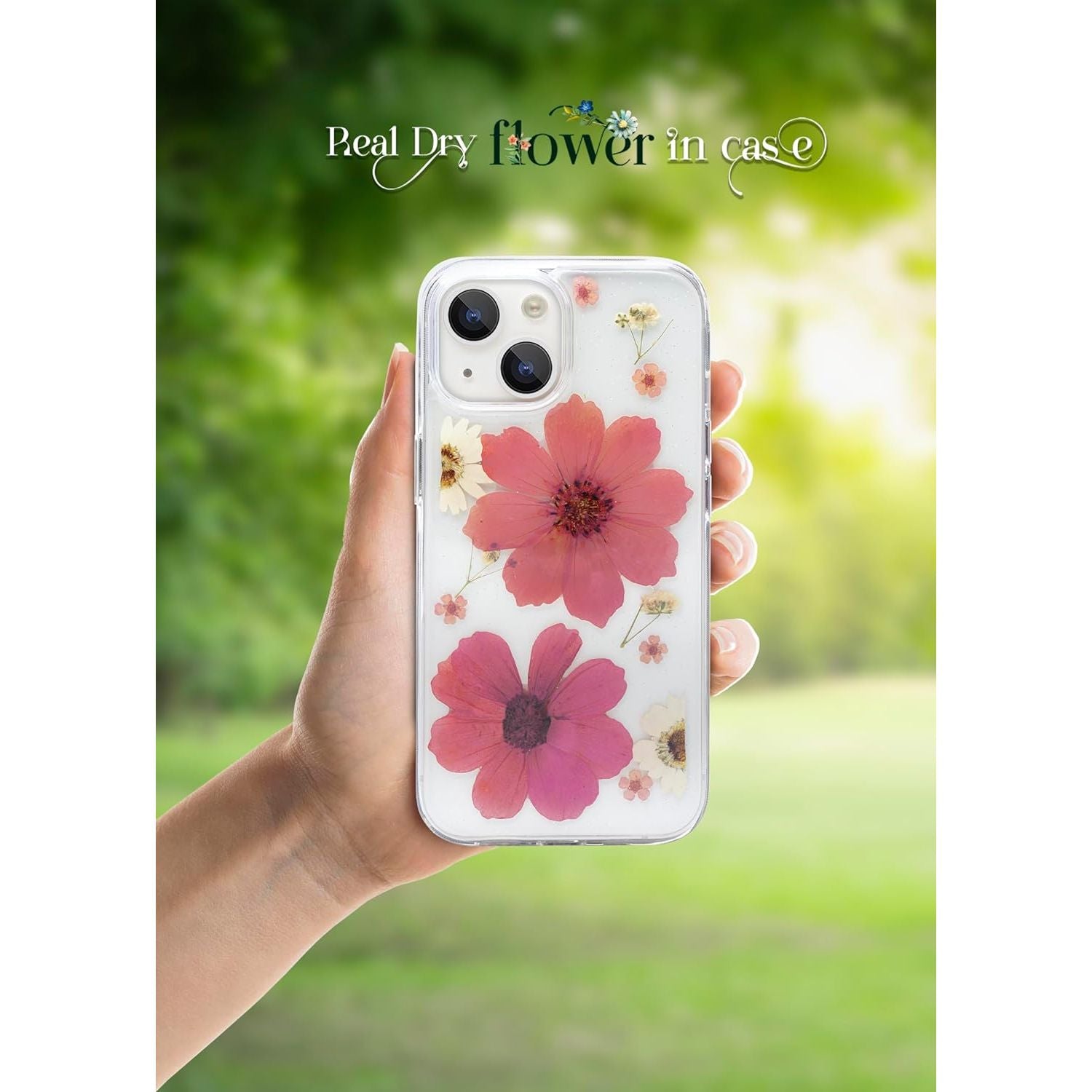 Enflamo Clear Silicone Case Glitter Floral Back Cover for iPhone 15 | with Pressed Dry Real Flowers (Pink)