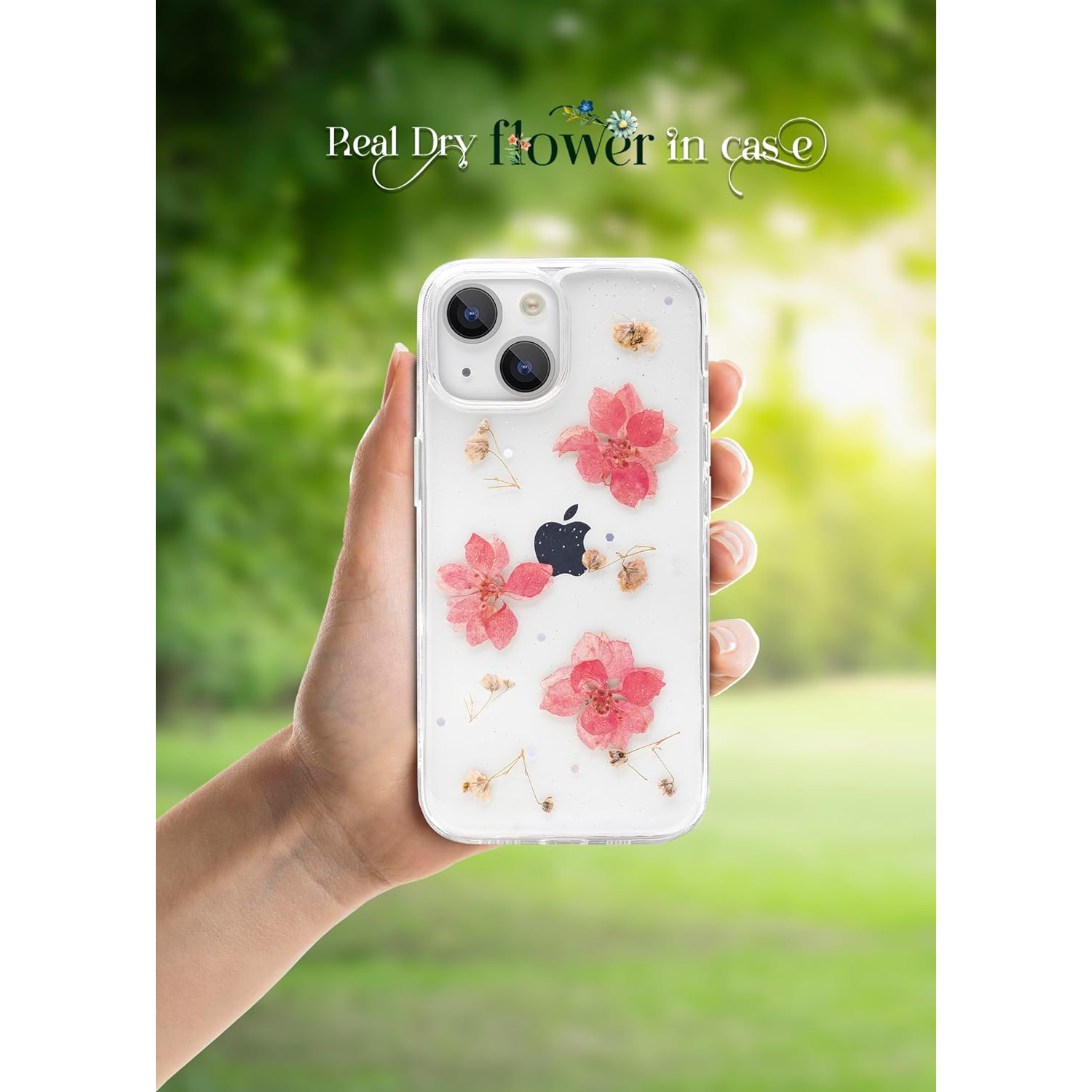 Enflamo Soft Clear Silicone Case Glitter Floral Back Cover for iPhone 14 / iPhone 13 | with Pressed Dry Real Flowers (Pink)