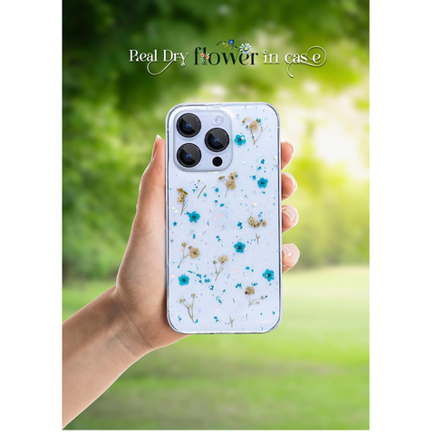 Enflamo Clear Soft Silicone Back Case Cover for iPhone 13 Pro (Blue | with Dry Real Flowers)