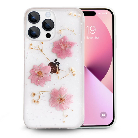 Enflamo Clear Silicone Case Back Cover for iPhone 14 Pro | Floral with Pressed Dry Real Flowers (Pink)