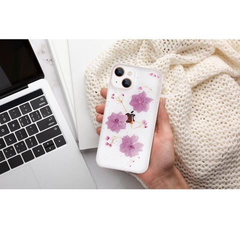 Enflamo Soft Clear Flexible Silicone Pressed Dry Real Flowers Case Glitter Floral Back Cover for iPhone 13 (Purple, Thermoplastic Polyurethane)