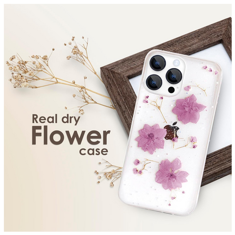 Enflamo Clear Silicone Case Back Cover for iPhone 14 Pro | Floral with Pressed Dry Real Flowers (Purple)