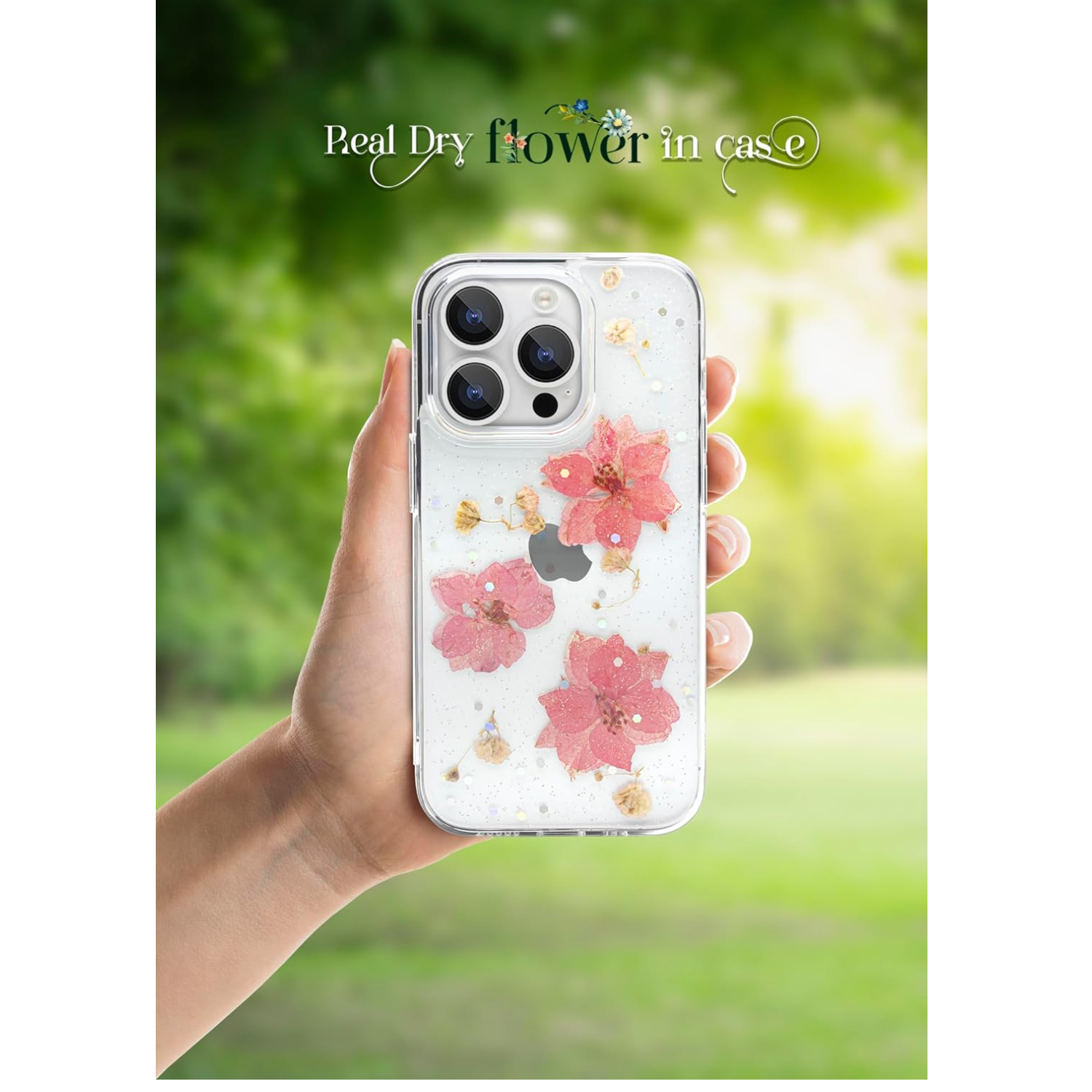 Enflamo Clear Silicone Case Back Cover for iPhone 15 Pro | Floral with Pressed Dry Real Flowers (Pink)