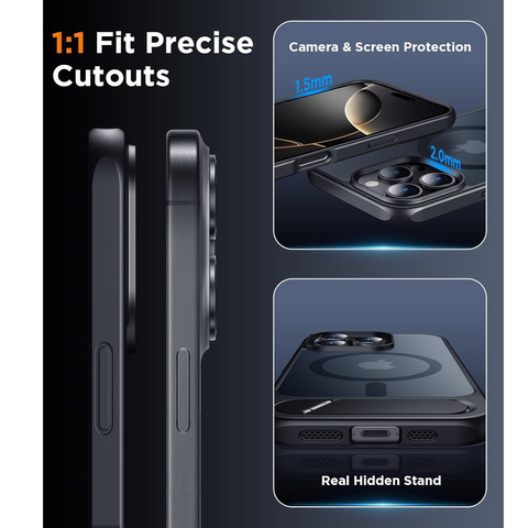 Enflamo Matte Back Cover Case Compatible with Stand Magnatic for iPhone 16 Pro MAX | Ultra Hybrid Camera Bump Protection (Black)