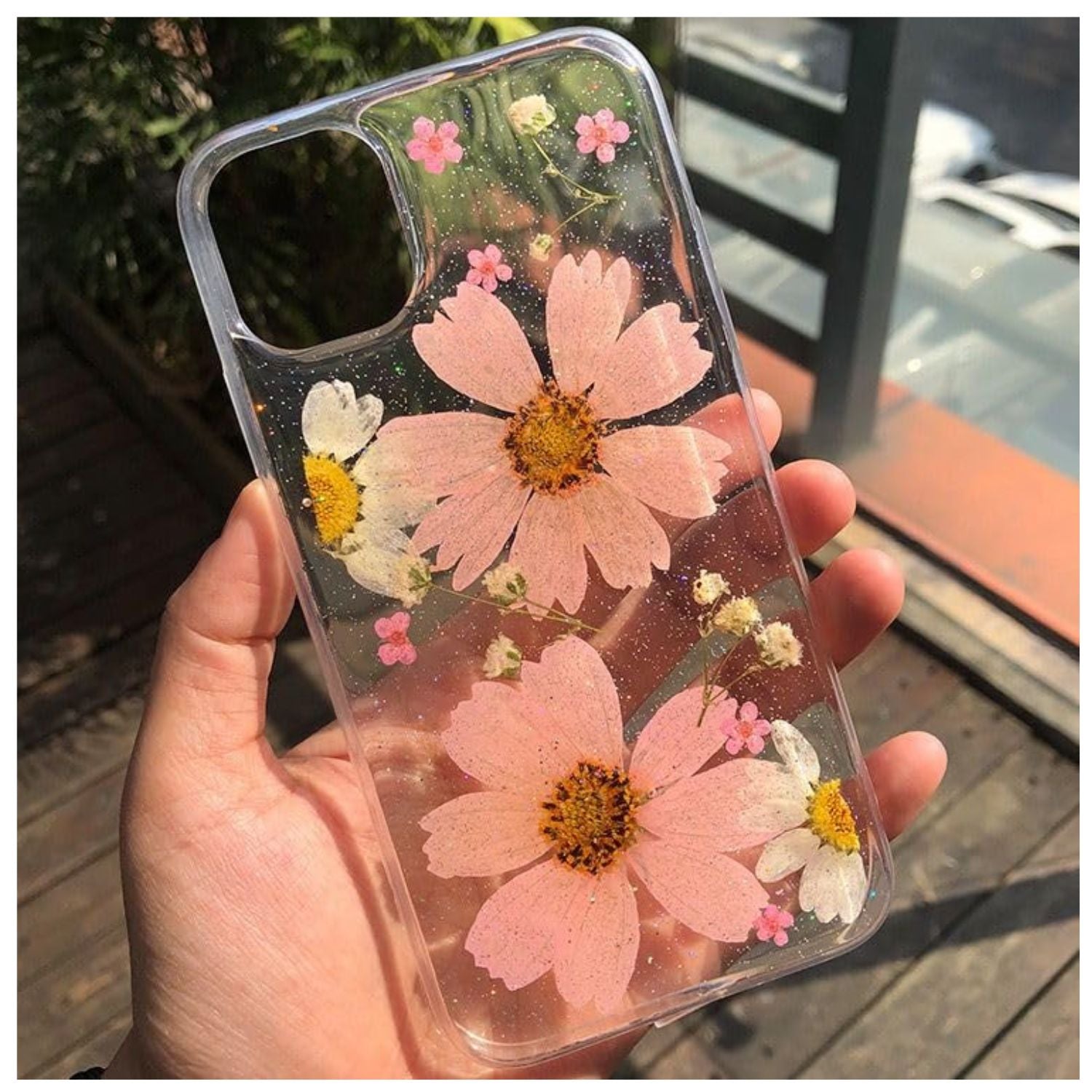 Enflamo Clear Silicone Case Glitter Floral Back Cover for iPhone 15 | with Pressed Dry Real Flowers (Pink)