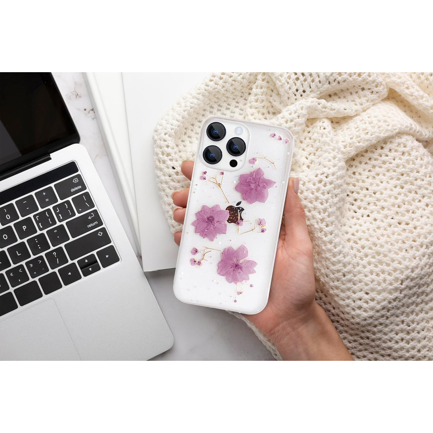 Enflamo Clear Silicone Case Back Cover for iPhone 14 Pro | Floral with Pressed Dry Real Flowers (Purple)