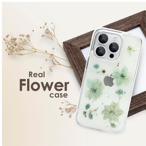 Enflamo Clear Silicone Case Back Cover for iPhone 14 Pro | Floral with Pressed Dry Real Flowers (Blue)