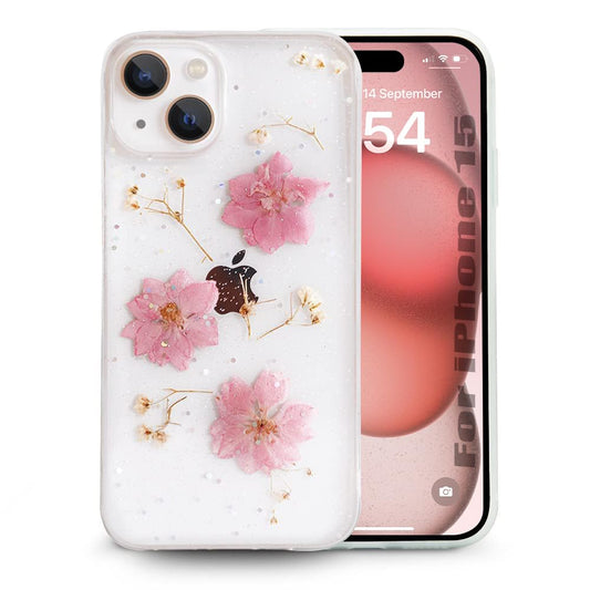 Enflamo Soft Clear Silicone Case Glitter Floral Back Cover for iPhone 15 | with Pressed Dry Real Flowers (Pink)