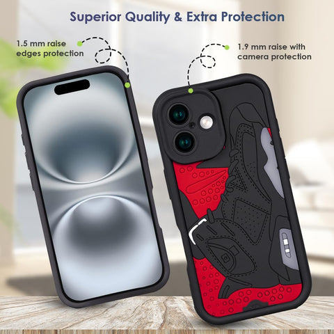 Enflamo for iPhone 16 Back Cover Case 3D Shoe Designer | Shockproof Camera Bump Protection (Red Black) - Enflamo