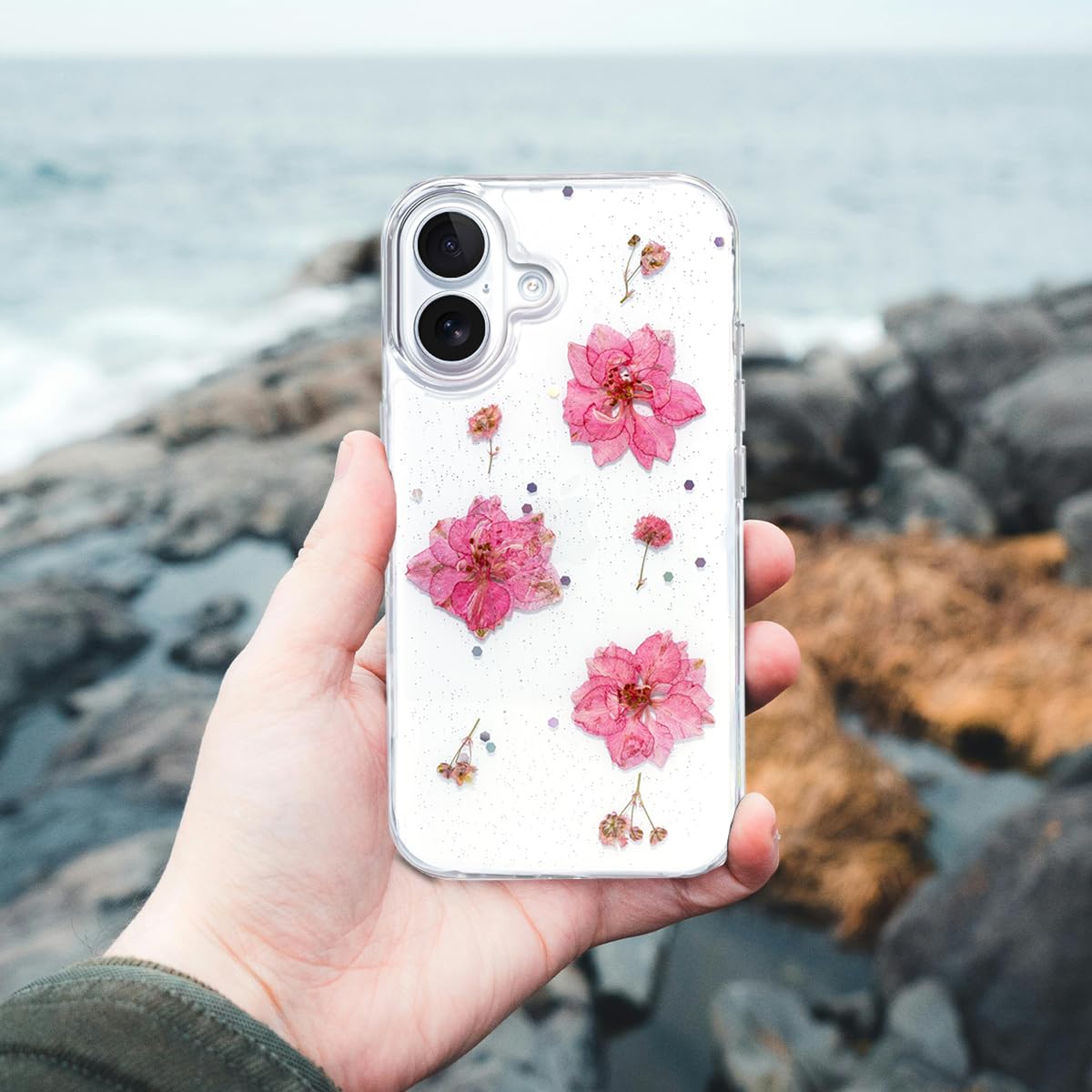 Enflamo Clear Silicone Case Glitter Floral Back Cover for iPhone 16 Plus | with Pressed Dry Real Flowers (Pink)