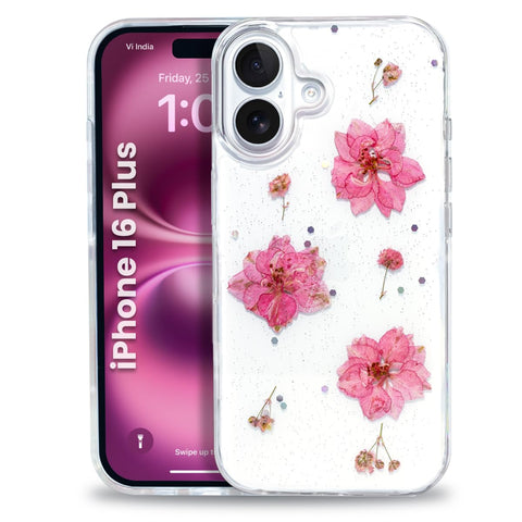 Enflamo Clear Silicone Case Glitter Floral Back Cover for iPhone 16 Plus | with Pressed Dry Real Flowers (Pink)