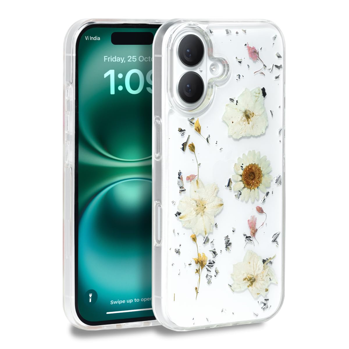 Enflamo Clear Silicone Case Glitter Floral Back Cover for iPhone 16 Plus | with Pressed Dry Real Flowers (White)