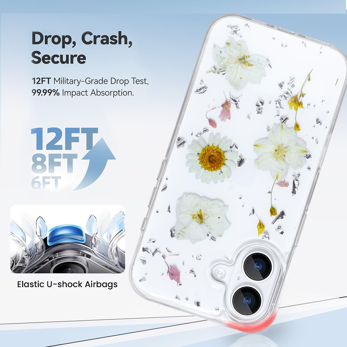 Enflamo Clear Silicone Case Glitter Floral Back Cover for iPhone 16 Plus | with Pressed Dry Real Flowers (White)