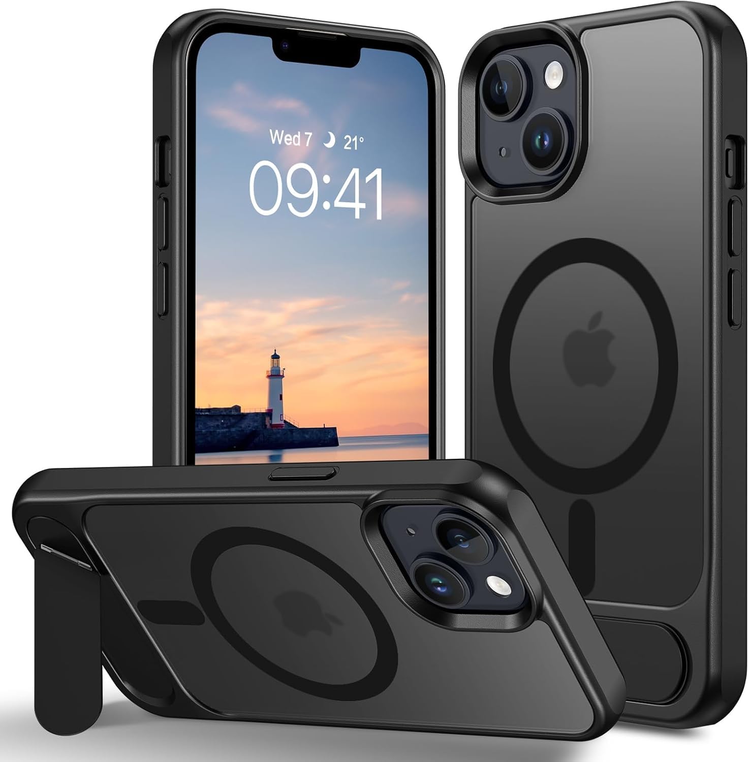 Enflamo Matte Back Cover Case Compatible with Stand Magnatic for iPhone 15 Plus & iPhone 14 Plus | Ultra Hybrid Camera Bump Protection (Black)