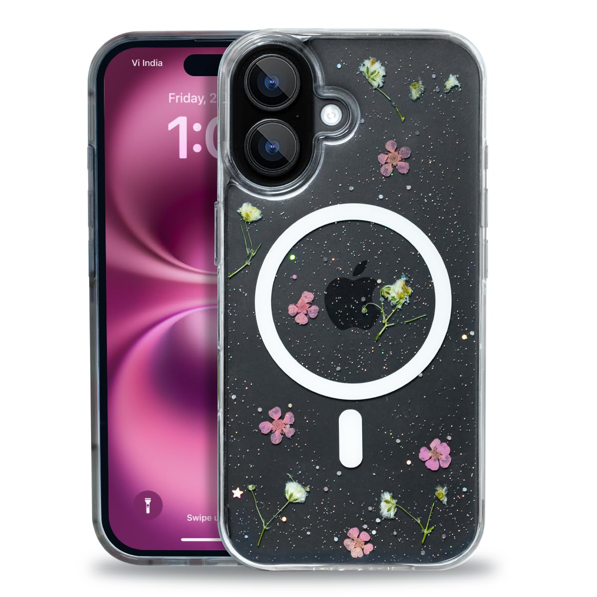 Enflamo Clear Silicone Magnatic Case Glitter Floral Back Cover for iPhone 16 Plus | with Pressed Dry Real Flowers (Pink)