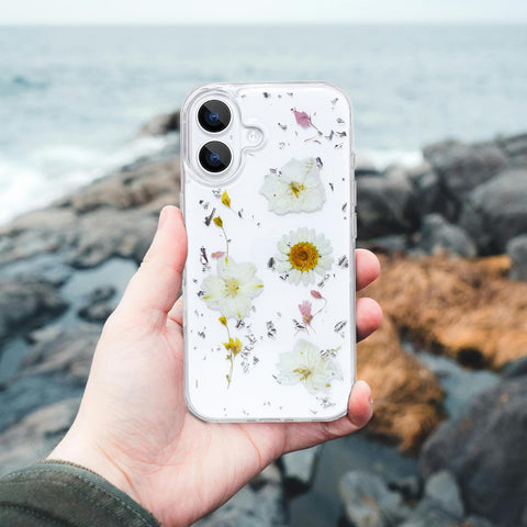 Enflamo Clear Silicone Case Glitter Floral Back Cover for iPhone 16 Plus | with Pressed Dry Real Flowers (White)