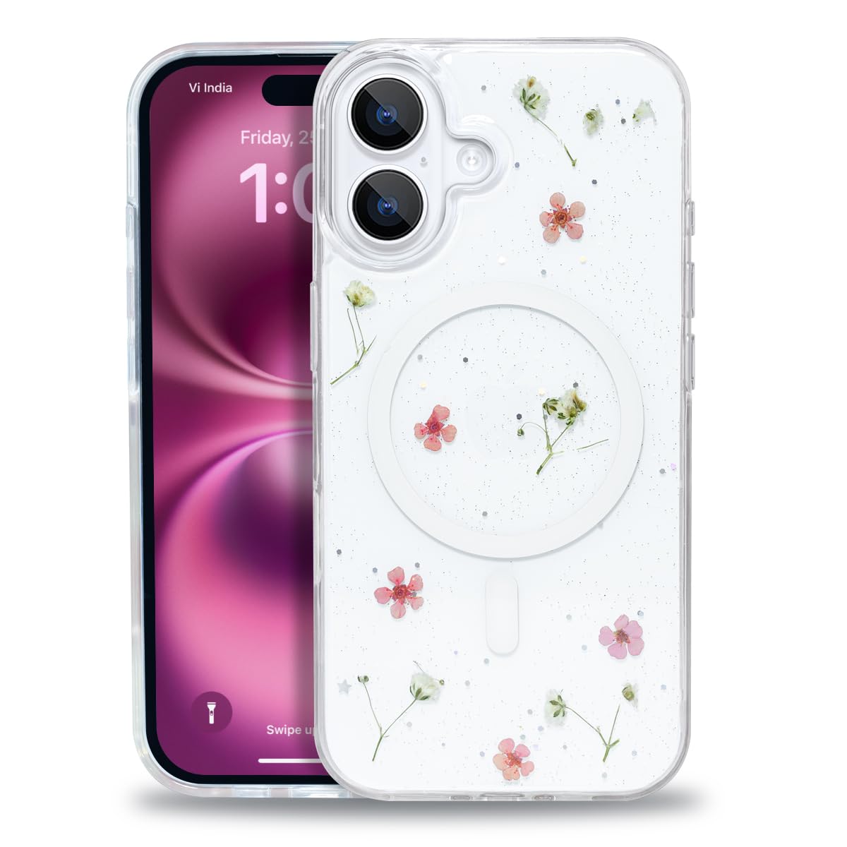 Enflamo Clear Silicone Magnatic Case Glitter Floral Back Cover for iPhone 16 Plus | with Pressed Dry Real Flowers (Pink)