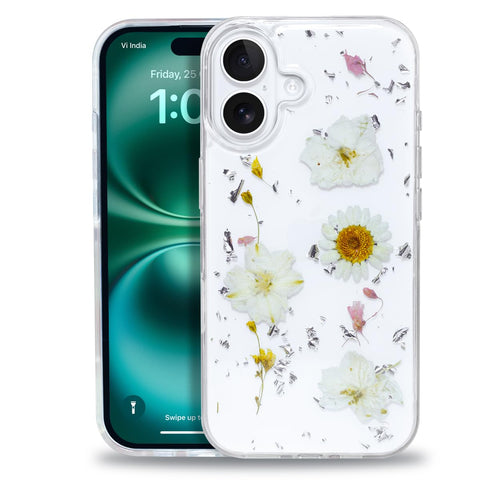 Enflamo Clear Silicone Case Glitter Floral Back Cover for iPhone 16 Plus | with Pressed Dry Real Flowers (White)