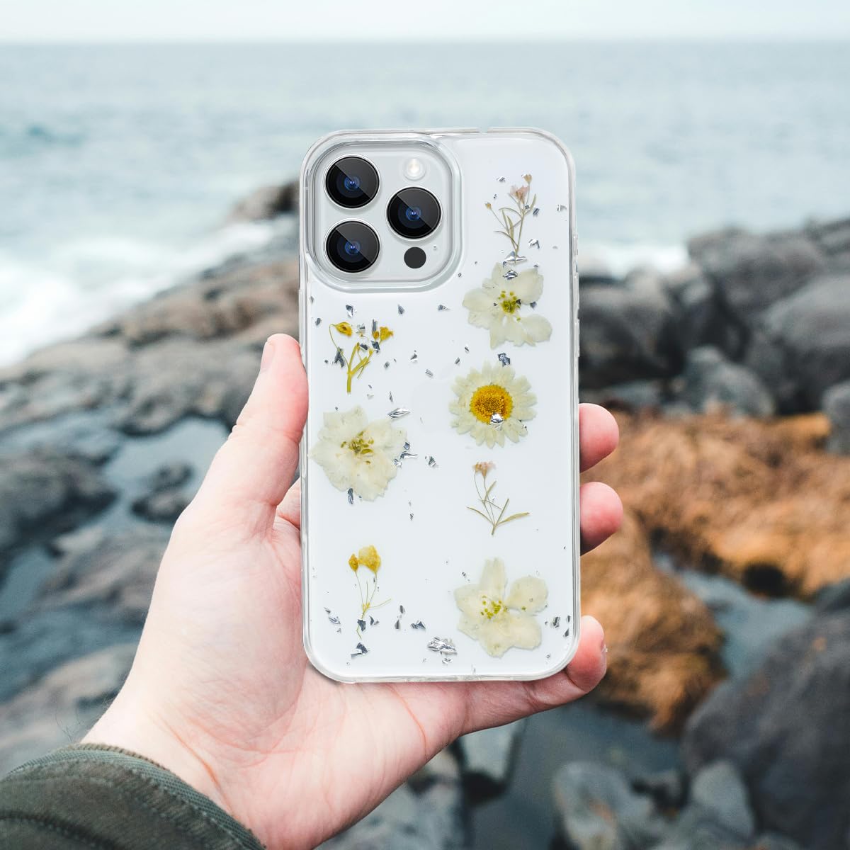 Enflamo Clear Silicone Case Glitter Floral Back Cover for iPhone 16 Pro | with Pressed Dry Real Flowers (White)